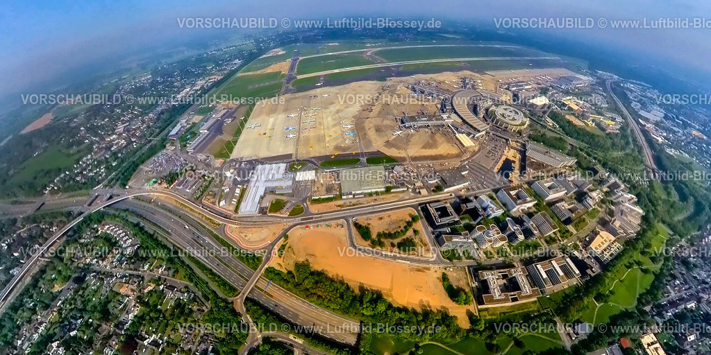 Duesseldorf240590053-AirportCity_FlughafenDuesseldorf | Luftbild, Internationaler Flughafen Düsseldorf, DUS Airport, Startbahn und Landebahn mit Empfangsgebäude, Geschäftszentrum Flughafenstraße, Autobahn A44 mit Flughafentunnel Überdachung, Erdkugel, Fisheye Aufnahme, Fischaugen Aufnahme, 360 Grad Aufnahme, tiny world, little planet, fisheye Bild, Lohausen, Düsseldorf, Nordrhein-Westfalen, Deutschland