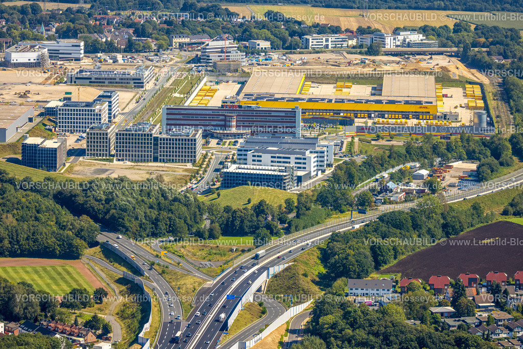 Bochum240816389 | Luftbild, Großbaustelle Mark 51/7, Wissenschaftsquartier und Technologiequartier, O-Werk Campus, VW Infotainment, ehemaliges Opel Areal an der Autobahn A448, DHL Logistik, Laer, Bochum, Ruhrgebiet, Nordrhein-Westfalen, Deutschland
