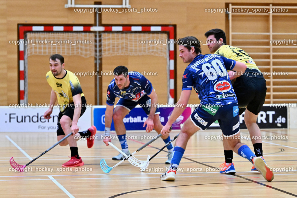 VSV Unihockey  vs. FBK Loka  | #98 Gašper Triler FBK Loka, #6 Timo Schmid VSV Unihockey, #60 Thomas Unterweger VSV Unihockey, #10 Luka Peklaj FBK Loka, VSV Unihockey  vs. FBK Loka , VSV Unihockey  vs. FBK Loka  am 25.01.2026 in Villach (Ballspielhalle St. Martin), Austria, (Photo by Bernd Stefan)