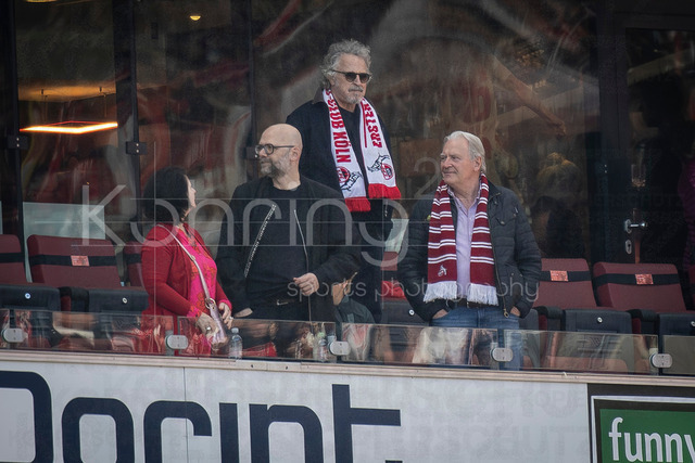 German Bundesliga,  1. FC Koeln - Bayer 04 Leverkusen, 25.04.2026 | KOELN, GERMANY - APRIL 25, 2026 :  Wolfgang Niedecken (Head of BAP) in the back before the German Bundesliga match on gameday 31 between 1. FC Koeln - Bayer 04 Leverkusen at RheinEnergieSTADION on April 25, 2026 in Koeln, Germany. DFL REGULATIONS PROHIBIT ANY USE OF PHOTOGRAPHS AS IMAGE SEQUENCES AND/OR QUASI-VIDEO.