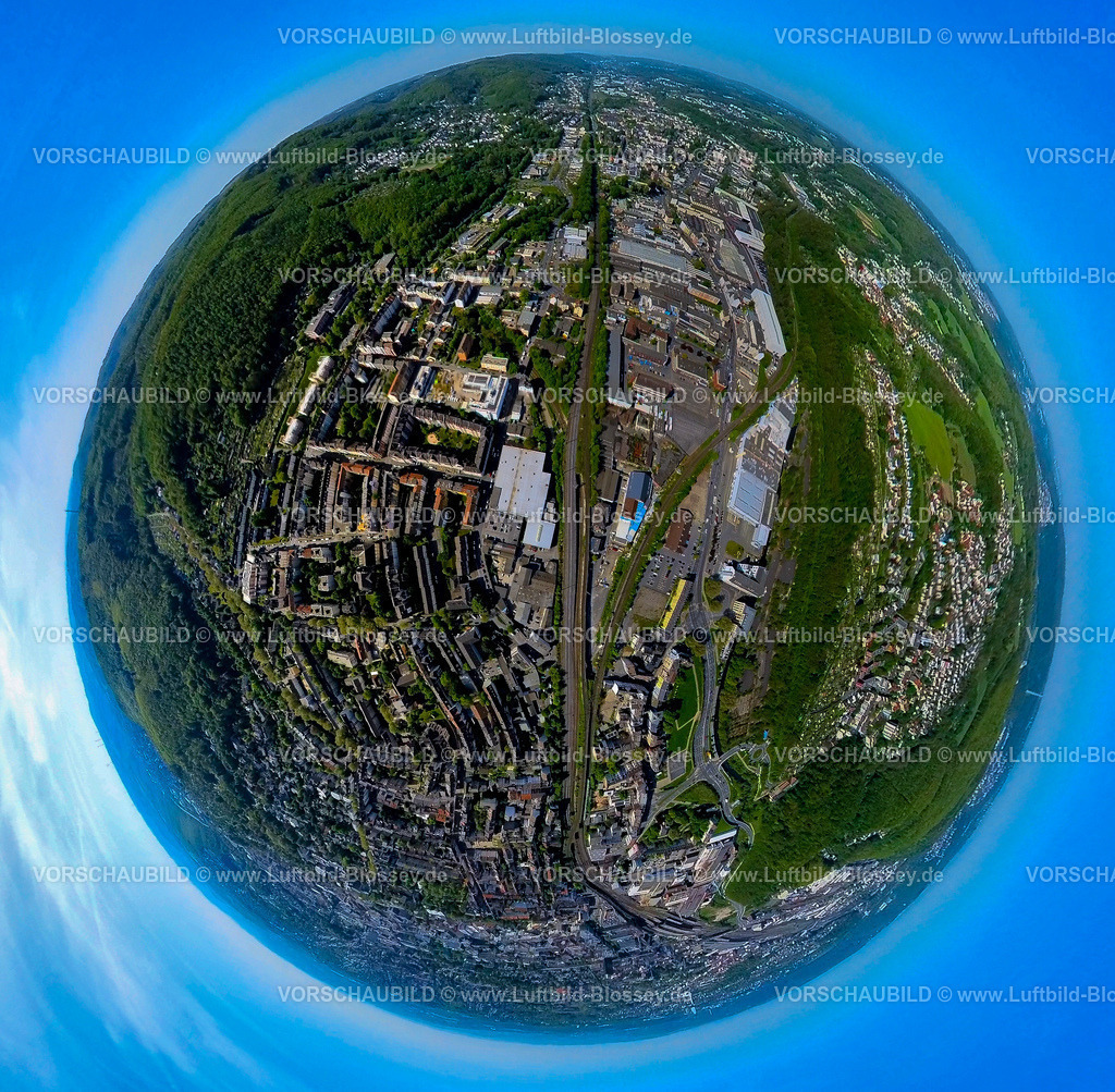 Hagen240590230Wehringhausen | Luftbild, Wohngebiet und Gewerbegebiete Wehringhauser Straße und Eugen-Richter-Straße, DB Bahnhlinie, Erdkugel, Fisheye Aufnahme, Fischaugen Aufnahme, 360 Grad Aufnahme, tiny world, little planet, fisheye Bild, Wehringhausen, Hagen, Ruhrgebiet, Nordrhein-Westfalen, Deutschland