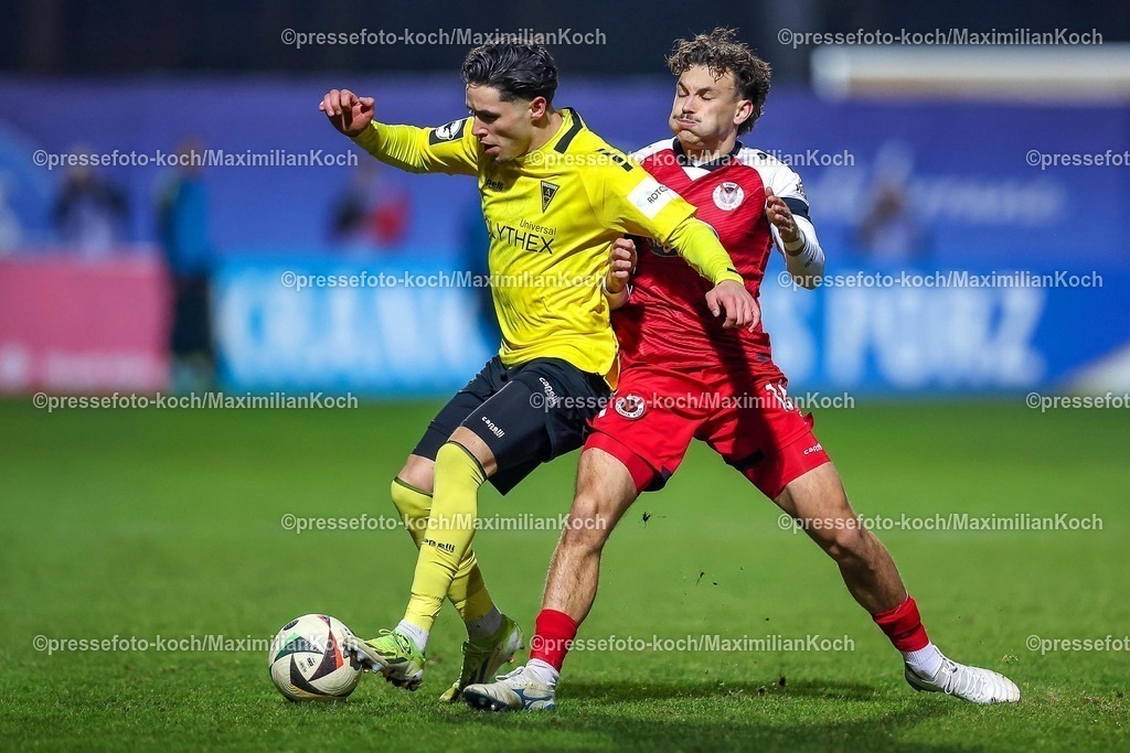 FCVK14022502129 | 14.02.2025, Fußball, FC Viktoria Köln – Alemannia Aachen, 3.Liga, Sportpark Höhenberg, Saison 2024 2025: Soufiane El-Faouzi (Alemannia Aachen #18) im Zweikampf gegen Florian Engelhardt (Viktoria Köln #16)DFB regulations prohibit any use of photographs as image sequences and or quasi-video.