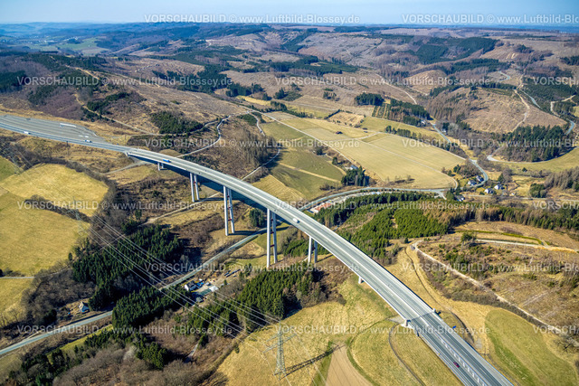 HB-Bestwig220302992 | Luftbild, Autobahn A46 mit Talbrücke Nuttlar und Waldgebiet mit Waldschäden in Nuttlar, Bestwig, Sauerland, Nordrhein-Westfalen, Deutschland