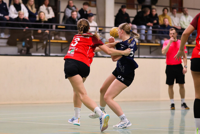 Handball I Damen I Saison 2025-2026 I Verbandsliga Süd I HSG Kalkberg 06 - MTV Dänischenhagen I 14.12.2025.225 | v.l. Linda Schulz (3, MTV Dänischenhagen), Hannah Zickermann (15, HSG Kalkberg 06) - Realisiert mit Pictrs.com
