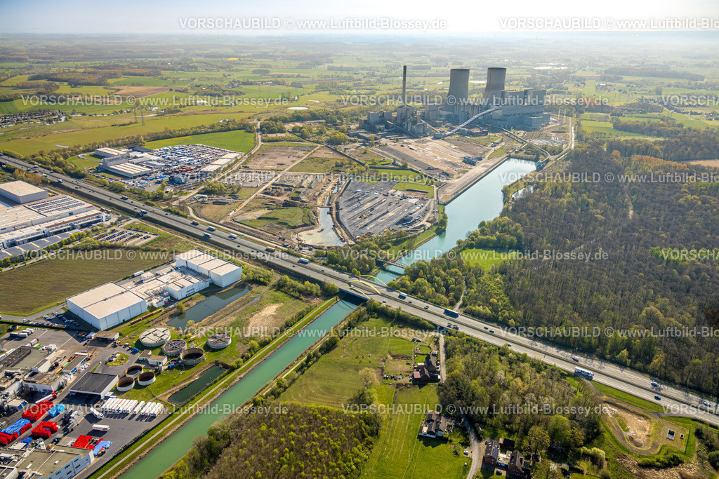 Hamm260400002Uentrop | Luftbild, RWE Kraftwerk Westfalen, Erweiterungsfläche für Batteriespeicher, Geithe Renaturierung, Kernkraftwerk THTR-300 (Thorium-Hoch-Temperatur-Reaktor), Hochtemperaturreaktor heliumgekühlt, Kugelhaufenreaktor, Kernkraftwerk und Atomkraftwerk, Datteln-Hamm-Kanal und Autobahn A2, Uentrop, Hamm, Ruhrgebiet, Nordrhein-Westfalen, Deutschland