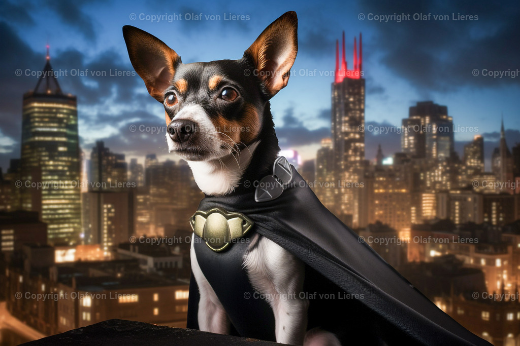 Terrier mit Umhang als Superheld | Hunde als Superhelden