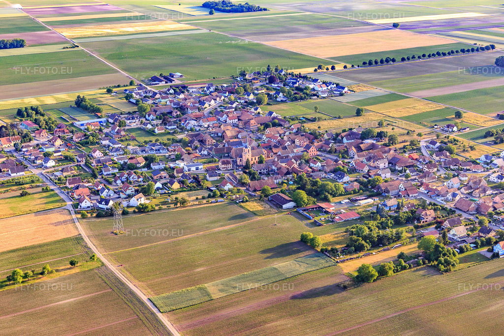 Vue aérienne: Vue du village depuis le nord-est à Hessenheim dans le département Bas Rhin, France. Photo: IMG_147368.jpg prise le 29/05/2025 par Werner Riehm/FLY-FOTO.eu – Résolution de l'original: 5472 x 3648 px