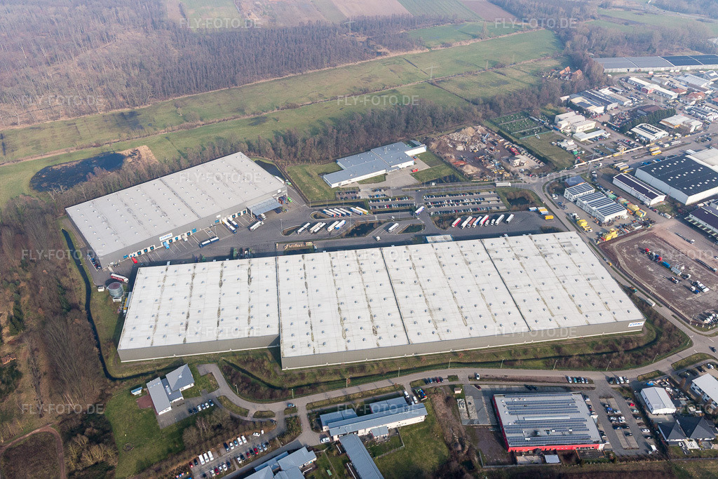 Luftbild: Minderslachen, Gewerbegebiet Horst im Ortsteil Minderslachen in Kandel im Bundesland Rheinland-Pfalz in Deutschland. Foto: IMG_104676.jpg vom 08.02.2018 durch Werner Riehm/FLY-FOTO.de