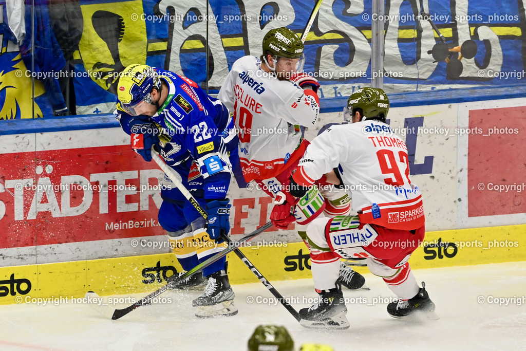 EC VSV vs. HC Bozen 16.2.2024 | #22 Ethan Cap, #19 McClure Brad, #92 Thomas Christian, EC VSV vs. HC Bozen 16.2.2024, EC VSV vs. HC Bozen 16.2.2024 am 16.02.2024 in Villach (Stadthalle Villach), Austria, (Photo by Bernd Stefan)
