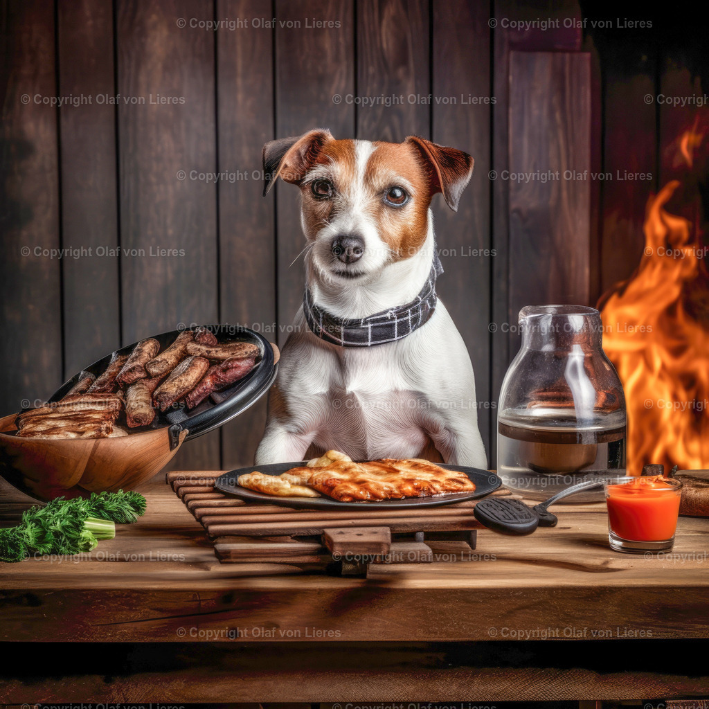 Hund mit Grillfleisch | Parson Jack Russell als Wandbild am Grill
