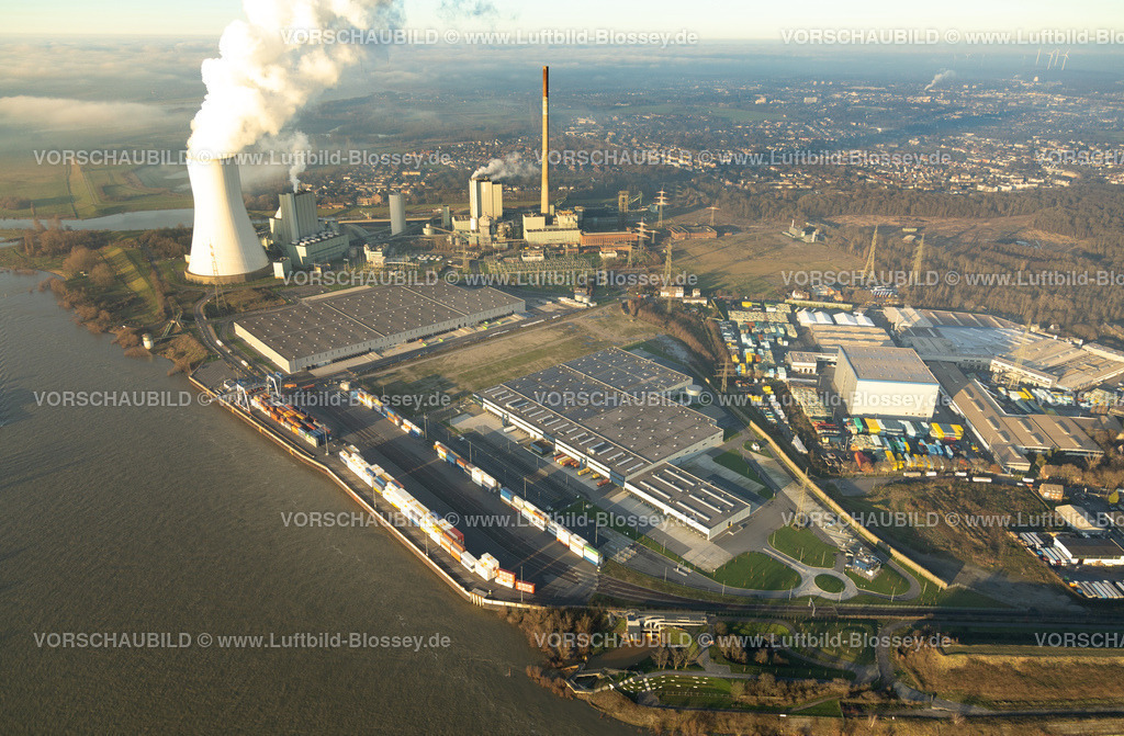 Duisburg241202846 | Luftbild, logport VI Baugebiet, STEAG Kraftwerk Walsum am Fluss Rhein und Kühlturm Rauchwolke, Alt-Walsum, Duisburg, Ruhrgebiet, Nordrhein-Westfalen, Deutschland