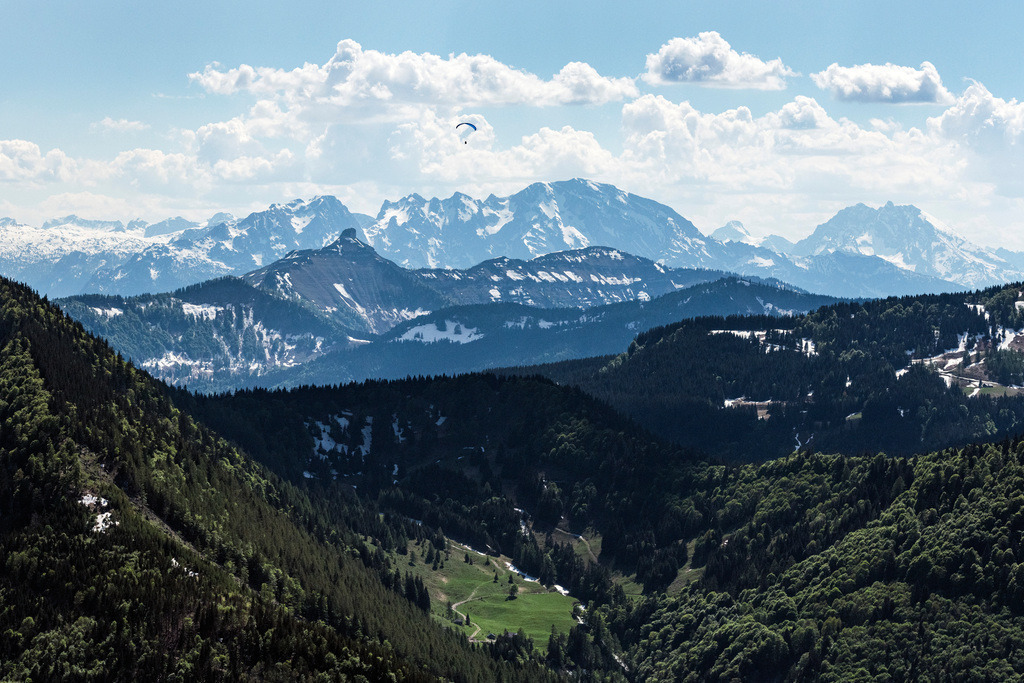 dr__0021775.jpg | FAISTENAU 03.06.2019 Gleitschirmfliegen mit Blick in Richtung Nationalpark Berchtesgaden, Wald und Berglandschaft in Faistenau in Salzburg, Österreich. // Forest and mountain scenery in Faistenau in Salzburg, Austria. Foto: Daniel Reiter