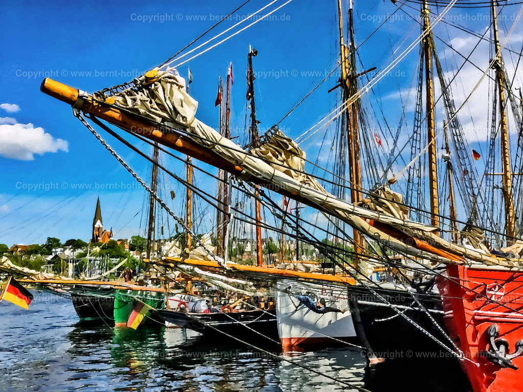 PDM2_9267_RR-Hafen-2019_100x75 | DIGITALKUNST. Flensburger Hafen - Westufer. __ Historische Segelschiffe - Traditionssegler - vertäut am Westufer im Hafen von Flensburg. Hafenstimmung während der " Rum-Regatta " bei Sonnenschein. - Realisiert mit Pictrs.com