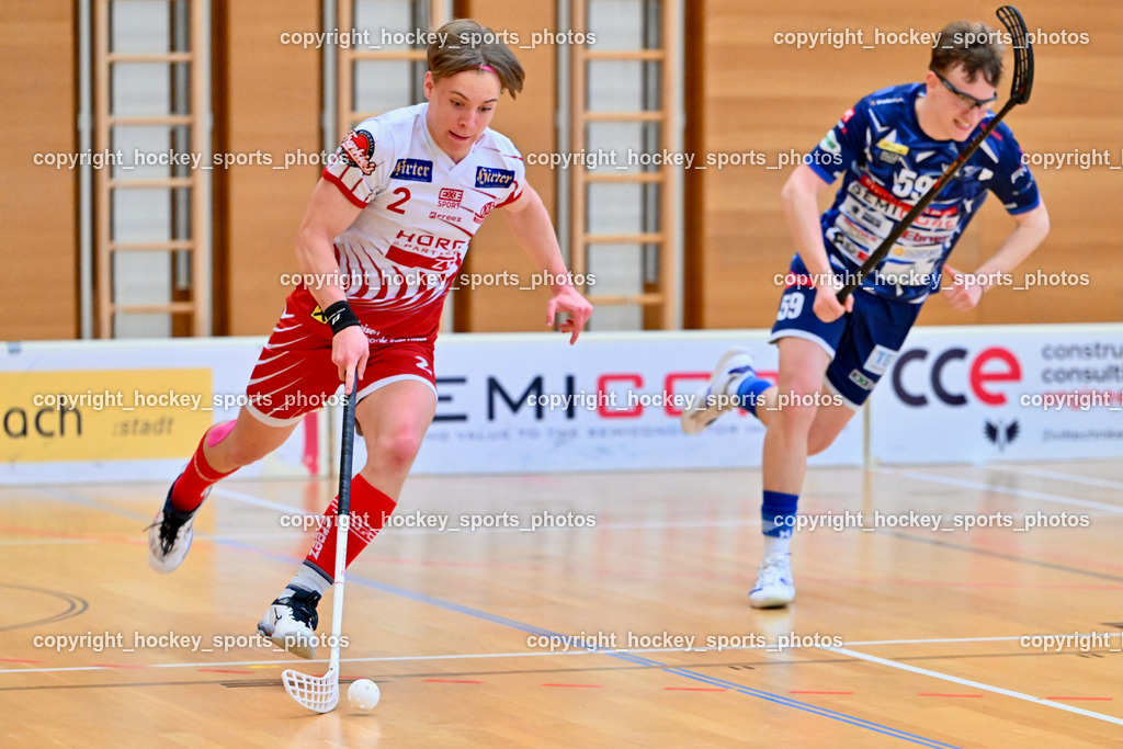 VSV Unihockye vs. KAC Floorball | #2 Mitja Beuthe KAC Floorball, #59 Nino Forelli VSV Unihockey, VSV Unihockye vs. KAC Floorball, VSV Unihockye vs. KAC Floorball am 13.04.2025 in Villach (Ballspielhalle St. Martin), Austria, (Photo by Bernd Stefan)