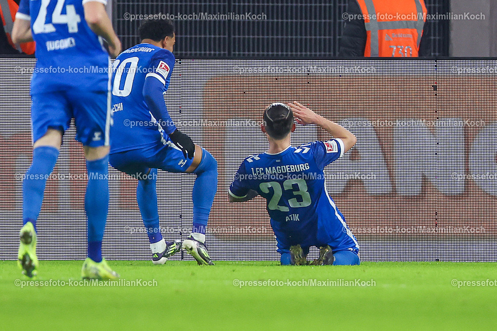 Due20122401085 | 20.12.2024, Fußball, Fortuna Düsseldorf - 1. FC Magdeburg, 2. Bundesliga, Merkur Spiel-Arena, Saison 2024 2025: Torjubel nach dem 2:2 durch Baris Atik (1.FC Magdeburg #23)DFB regulations prohibit any use of photographs as image sequences and or quasi-video.