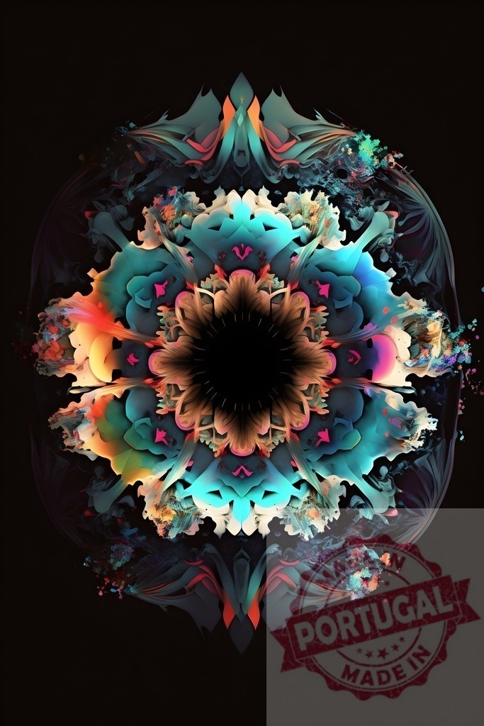 Abstract kaleidoscope mandala pattern creating vibrant psychedelic art | Symmetrical abstract kaleidoscope design featuring vibrant colors and intricate geometric patterns on a black background - Realized with Pictrs.com