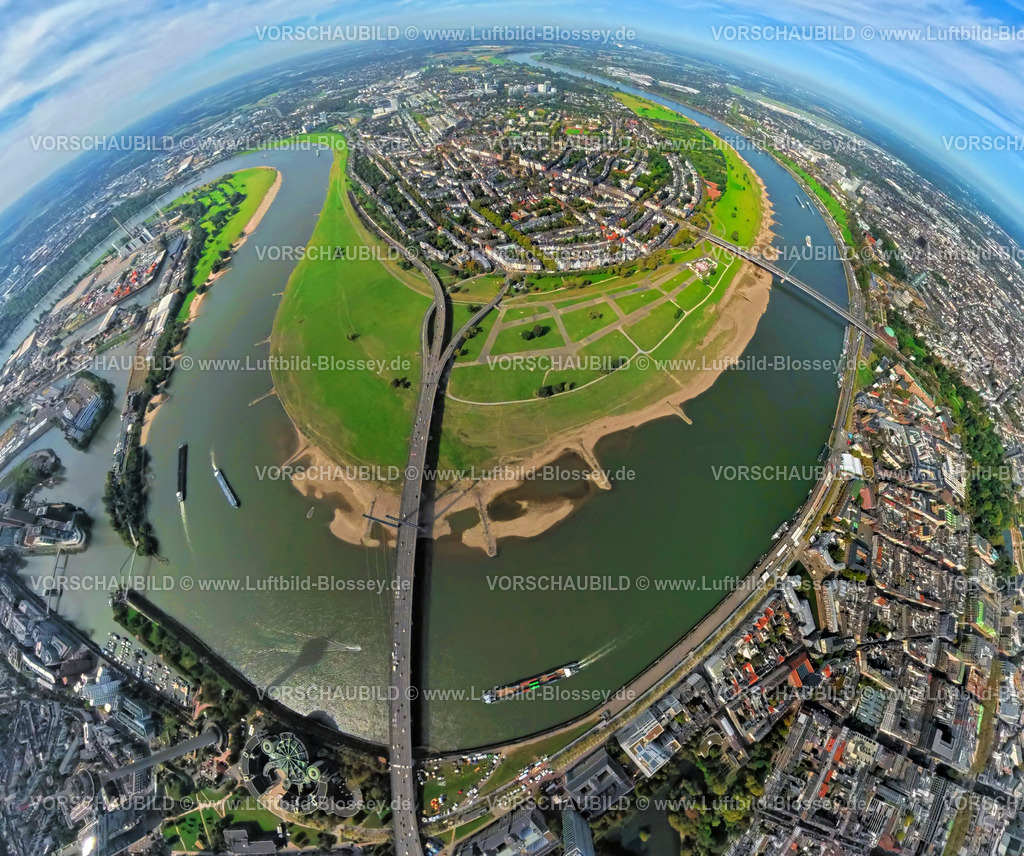 Duesseldorf250902744 | Luftbild, Ortsteil Oberkassel mit Festwiese Oberkassel, Rheinkniebrücke und Oberkasseler Brücke über den Fluss Rhein, Erdkugel, Fisheye Aufnahme, Fischaugen Aufnahme, 360 Grad Aufnahme, tiny world, little planet, fisheye Bild, Oberkassel, Düsseldorf, Ruhrgebiet, Nordrhein-Westfalen, Deutschland