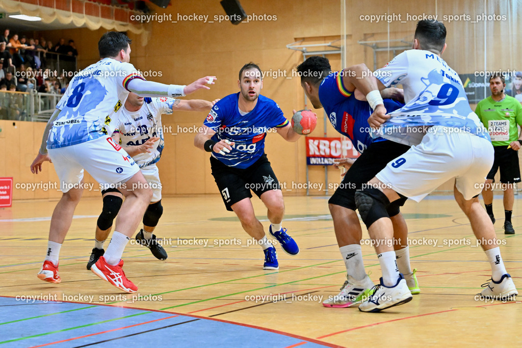 SC Ferlach vs. ALPLA HC Hard 2.3.2024 | #57 LEBAN Patrik SC Ferlach, #50 GONZALEZ-MARTINEZ Adonis,#9 Tokic Ante HC Hard, SC Ferlach vs. ALPLA HC Hard 2.3.2024, SC Ferlach vs. ALPLA HC Hard am 02.03.2024 in Ferlach (Ballspielhalle Ferlach), Austria, (Photo by Bernd Stefan)