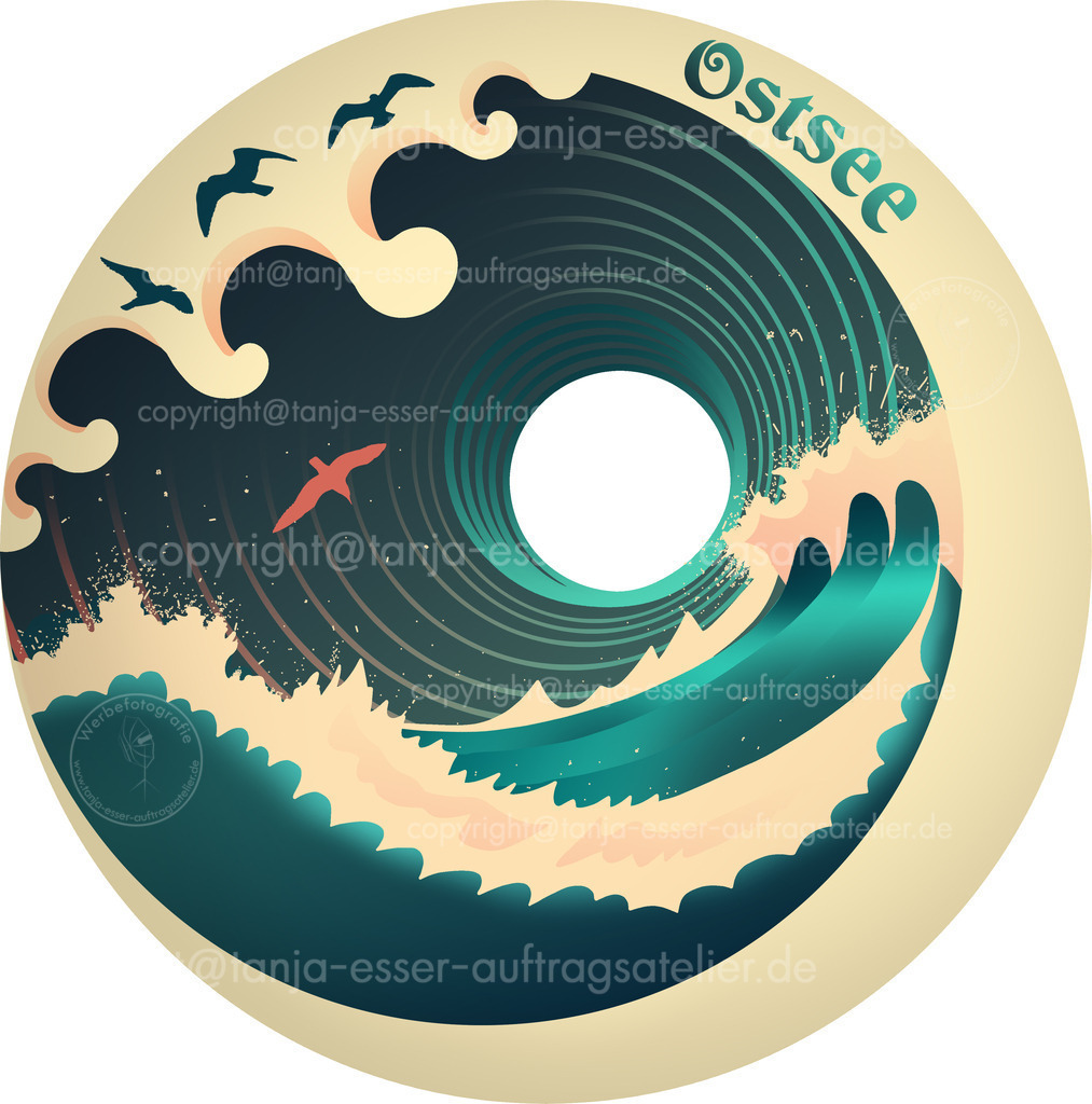 Wellen Ostsee jpg D | Stilisierte Wellen mit Gischt. Möwen kreisen über dem Wasser. Schöne detailreiche handgemalte Illustration. Vintage Stil. Deutscher Text: Ostsee.