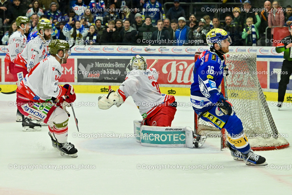 EC VSV vs. HC Bozen 16.2.2024 | #44 Valentine Scott, #38 Harvey Sam, #16 Kevin Hancock,  EC VSV vs. HC Bozen 16.2.2024, EC VSV vs. HC Bozen 16.2.2024 am 16.02.2024 in Villach (Stadthalle Villach), Austria, (Photo by Bernd Stefan)