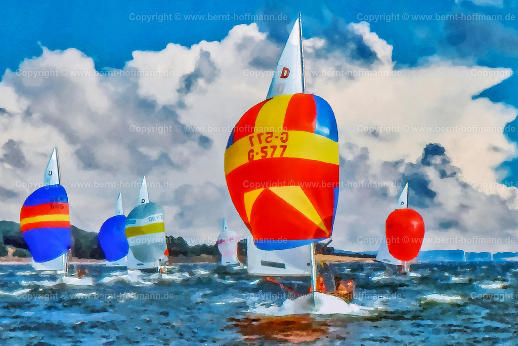 PDM2_Drachen-Spi_120x80 | DIGITALKUNST. Drachen unter Spinnaker. __ Boote der internationalen Drachen-Klasse segeln auf der Flensburger Förde in einer Regatta mit bunten Spinnakern. __ Seitenverhältnis = 3 zu 2 - Realisiert mit Pictrs.com