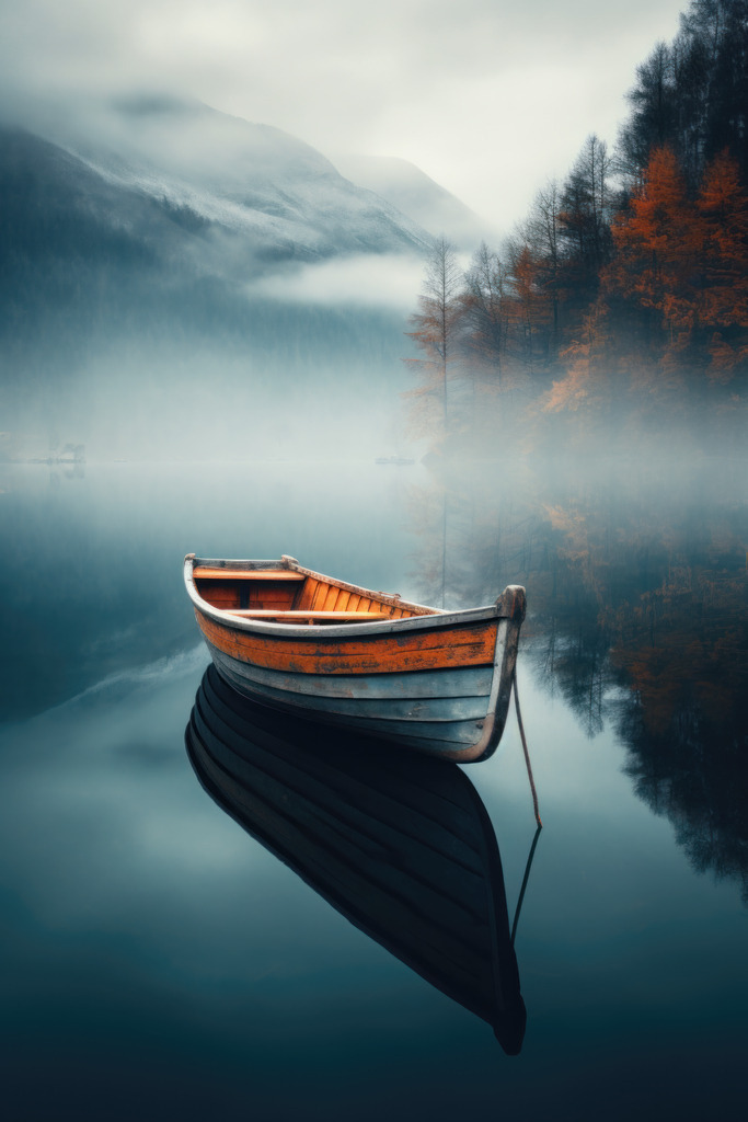 2308070 - Einsames Boot | Ein einsames Boot auf einem nebligen See im Herbst. Ein digital erstelltes Motiv, das mit etwas Abstand wie ein Foto und bei naher Betrachtung wie ein extrem detailreiches Gemälde anmutet.