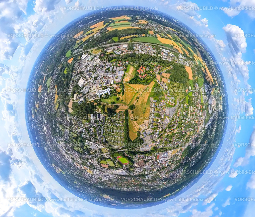 Witten230790038_Pferdebachtal | Luftbild, Wiesenfläche im Pferdebachtal mit Universität Witten/Herdecke und Christopherus-Hof Wohn- und Lebensgemeinschaft, Erdkugel, Fisheye Aufnahme, Fischaugen Aufnahme, 360 Grad Aufnahme, tiny world, Annen, Witten, Ruhrgebiet, Nordrhein-Westfalen, Deutschland