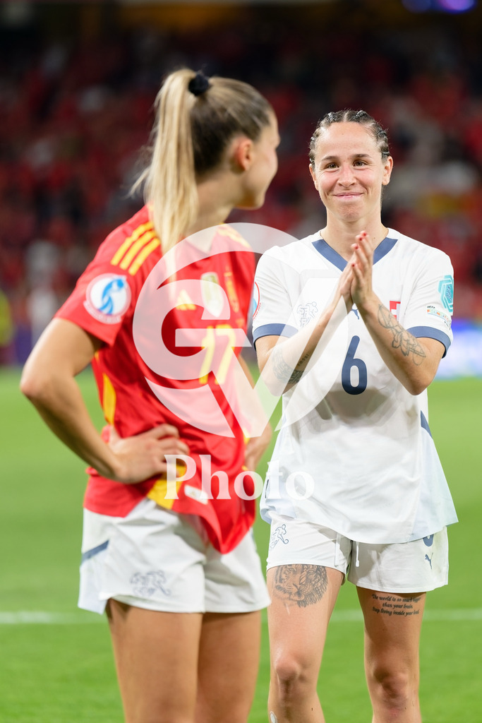 Spain v Switzerland - UEFA Women's EURO 2025 Quarter-Final | BERN, SWITZERLAND - JULY 18: Viola Calligaris  of Switzerland (L) and Geraldine Reuteler of Switzerland (R) smile during the UEFA Women's EURO 2025 Quarter-Final match between Spain v Switzerland at Stadion Wankdorf on July 18, 2025 in Bern, Switzerland.  (Photo by Giuseppe Velletri/Sports Press Photo/Getty Images)