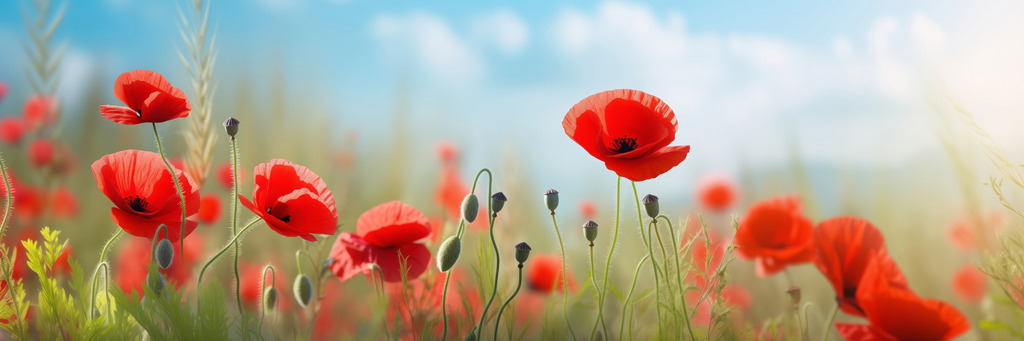 2504001 - Mohnblumenpanorama | Panoramabild einer Mohnblumenwiese im Stil einer Fotografie.