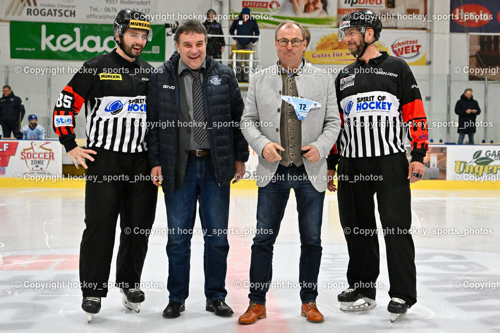 ESC Steindorf vs. HC Kufstein Dragons 25.2.2023 | MEIXNER Sebastian, ETTLMAYR Timo, Referees, ESC Steindorf Obmann Hans Tschernutter, Steindorf Bürgermeister Georg Kavalar