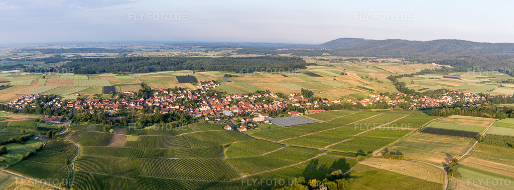 Luftbild: Panorama Perspektive landwirtschaftlichen Feldern und Nutzflächen in Steinseltz im Bundesland Bas-Rhin in Frankreich. Foto: IMG_100663-Pano.jpg vom 02.06.2017 durch Werner Riehm/FLY-FOTO.deAuflösung des Originals: 8326 x 3080 px