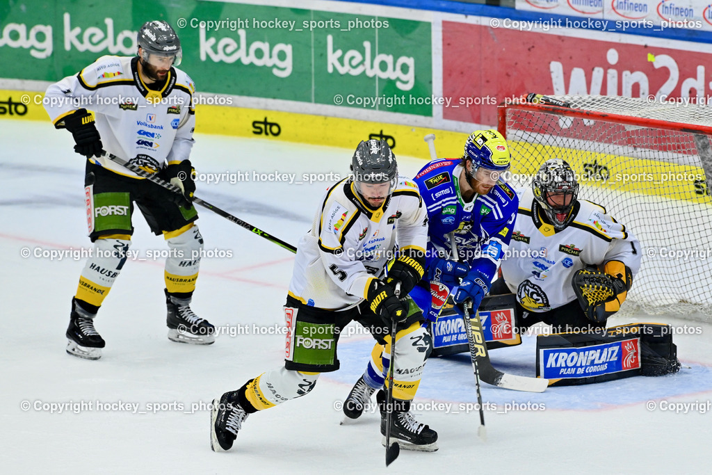 EC IDM Wärmepumpen VSV vs. HC Pustertal 8.10.2023 | #5 MESSNER Joel HC Pustertal, #16 Kevin Hancock EC VSV, #1 SMITH Jacob HC Pustertal, EC IDM Wärmepumpen VSV vs. HC Pustertal 8.10.2023, EC IDM Wärmepumpen VSV vs. HC Pustertal am 08.10.2023 in Villach (Stadthalle Villach), Austria, (Photo by Bernd Stefan)