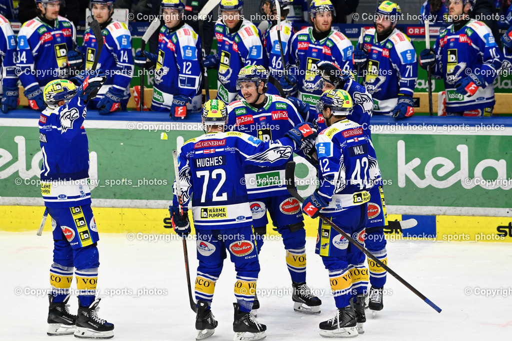 C IDM Wärmepumpen VSV vs. Olimpija Ljubljana | #72 John Hughes EC VSV, #42 Alex Wall EC VSV, Jubel EC VSV Mannschaft, #13 Adam Helewka EC VSV, #2 Dylan MacPherson EC VSV, C IDM Wärmepumpen VSV vs. Olimpija Ljubljana, EC IDM Wärmepumpen VSV vs. Olimpija Ljubljana am 01.02.2026 in Villach (Stadthalle Villach), Austria, (Photo by Bernd Stefan)