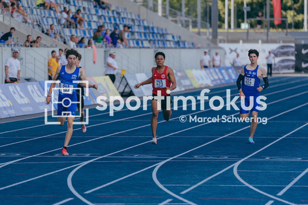 Deutsche Meisterschaften U20 / U16 2026 | Tim Hannebauer, LAC BERLIN, 187, Oskar Krauss, Eintracht Frankfurt e.V., 473, Linus Kern, SC Neubrandenburg, 674, 200-Meter-Lauf, Finale, Deutsche Meisterschaften der U20 &amp; U16 2026, Lohrheidestadion Bochum-Wattenscheid, 12.07.2026. Foto: Marcel Schwering / sportimfokus - Realisiert mit Pictrs.com