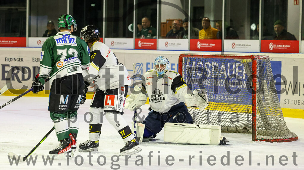 2023-11-17_131_TSV_Erding_gegen_EA_Schongau | Erding, Deutschland, 17.11.2023:
Eishockey, Bayernliga Vorrunde 2023 / 2024, 10. Spieltag, TSV Erding gegen EA Schongau, Endergebnis: 12:4

Leon Abstreiter (Erding Gladiators, #72), Stefan Saal (EA Schongau, #17), Torwart Xaver Nagel (EA Schongau, #80)

Foto: Christian Riedel / fotografie-riedel.net