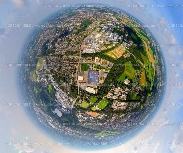 Hamm230990066 Bockum-Hoevel Roemerstrasse | Luftbild, Ortsansicht Ortsteil Bockum-Hövel, Gewerbegebiet Römerstraße Nord, Erdkugel, Fisheye Aufnahme, Fischaugen Aufnahme, 360 Grad Aufnahme, tiny world, Bockum-Hövel, Hamm, Ruhrgebiet, Nordrhein-Westfalen, Deutschland