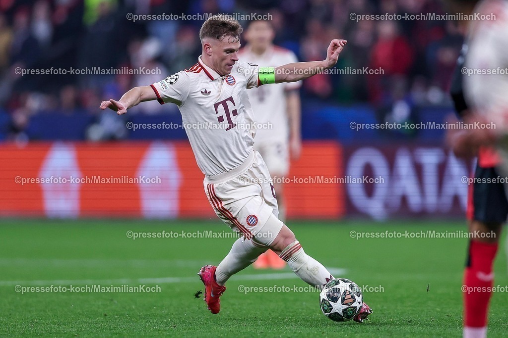 UCL11032502520 | 11.03.2025, Fußball, UEFA Champions League, Bayer 04 Leverkusen - FC Bayern München, Achtelfinale Rückspiel, BayArena, Saison 2024 2025: Joshua Kimmich (FC Bayern #6) DFB regulations prohibit any use of photographs as image sequences and or quasi-video.