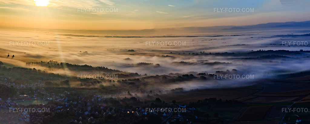 Aerial view: Fog and hot air balloon over the Rhine plain in northern Alsace in Riedseltz in the state Bas-Rhin, France. – Photo: IMG_139150-Pano.jpg taken on 10/01/2023 by Werner Riehm/FLY-FOTO.com – Resolution of the original: 10993 x 4396 px