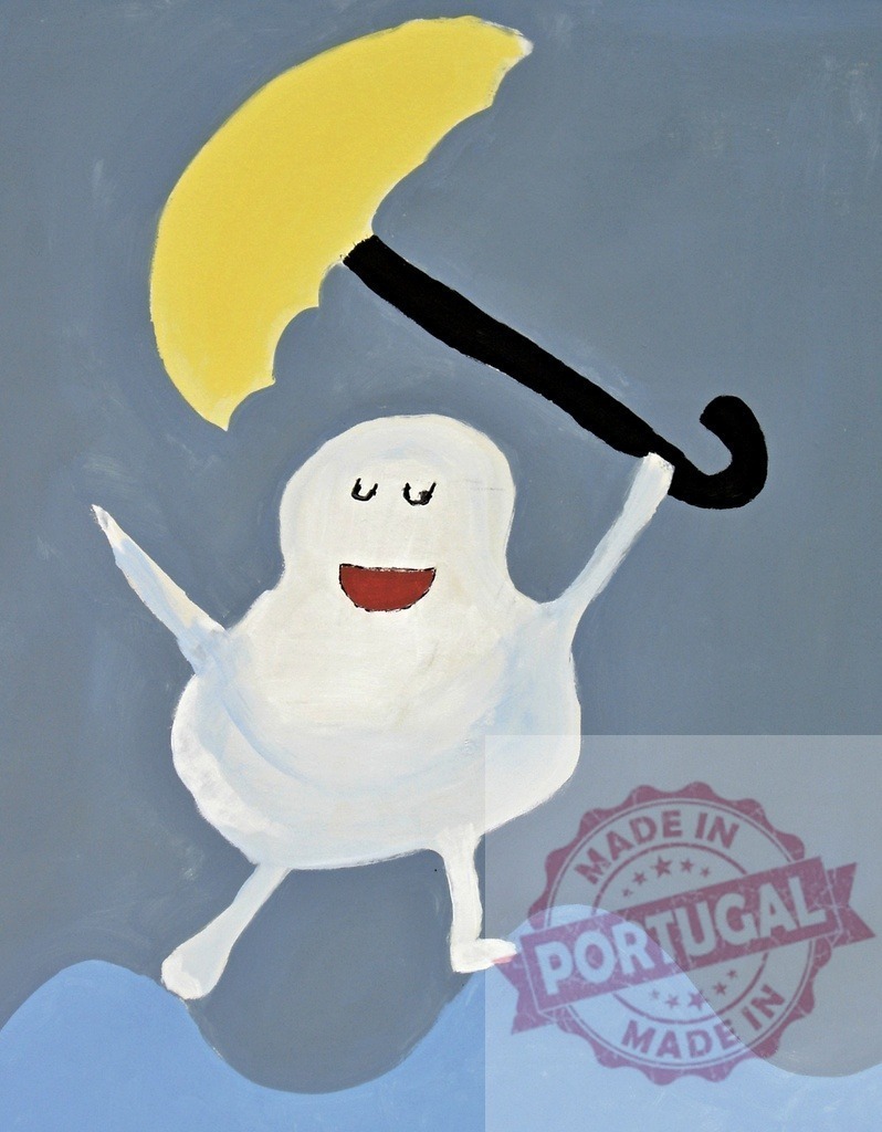Happy cartoon character holding yellow umbrella walking | Happy cartoon character holding a yellow umbrella, dancing on blue waves under a gray sky - Realized with Pictrs.com
