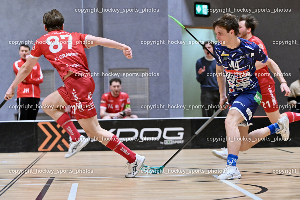 KAC Floorball vs. VSV Unihockey | #87 Fabian Grabner KAC Floorball, #44 Luca Widnig VSV Unihockey, KAC Floorball vs. VSV Unihockey, KAC Floorball vs. VSV Unihockey am 21.03.2026 in Klagenfurt (Ballspielhalle Waidmannsdorf), Austria, (Photo by Bernd Stefan)