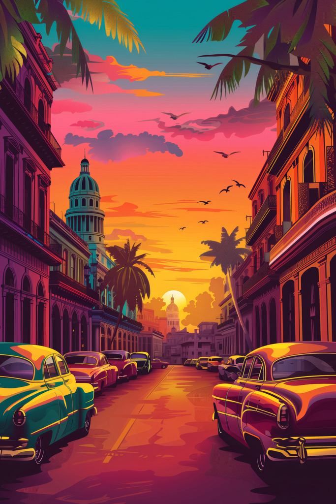 2404021 - Havanna Sunset | Impression von Havanna im Stil einer Vektor-Grafik.