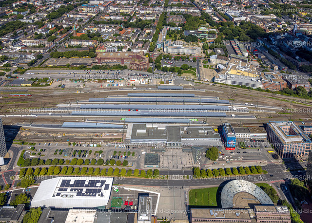 Dortmund240800896 | Luftbild, Hbf Hauptbahnhof, Dortmund und Bahnsteige, Bahnhofsgebäude und Bahnhofsvorplatz, Deutsches Fußballmuseum, City, Dortmund, Ruhrgebiet, Nordrhein-Westfalen, Deutschland