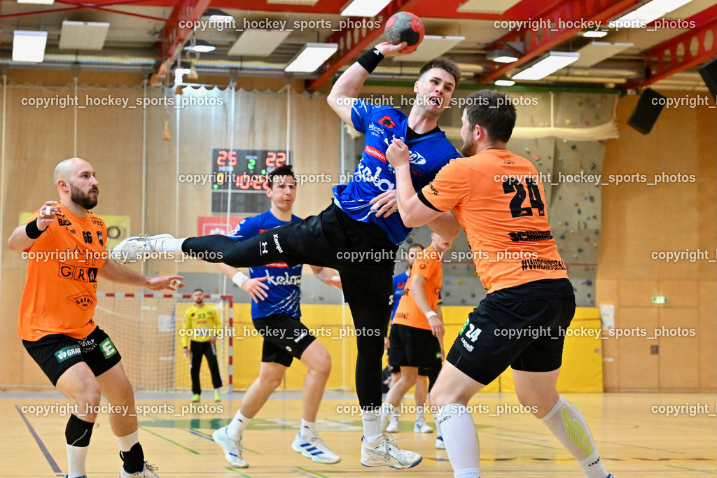 SC Ferlach vs. HSG Holding Graz | #35 JURANIC Jura Egon SC Ferlach, #24 SCHIMMEL Florian HSG Graz, #66 RASCHID Ramon HSG Graz, #10 Perkusic Toni SC Ferlach, SC Ferlach vs. HSG Holding Graz, SC Ferlach vs. HSG Holding Graz am 24.05.2025 in Ferlach (Ballspielhalle Ferlach), Austria, (Photo by Bernd Stefan)