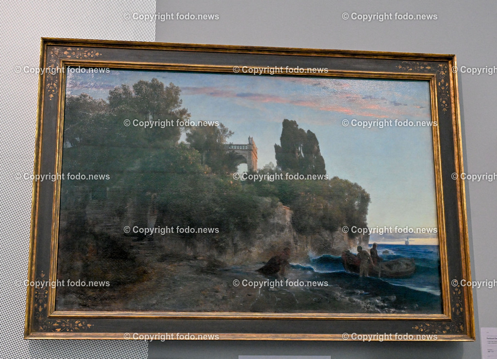 Lentos Kunstmuseum_ Die Reise der Bilder_ Hitlers Kulturpolitik_ 19.03.2024-16 | 19.03.2024, Linz, AUT, Lentos Kunstmuseum, Die Reise der Bilder, Hitlers Kulturpolitik, Kunsthandel und Einlagerungen in der NS-Zeit im Salzkammergut, im Bild Ausstellung, Sammlung, Leihgaben, Bilder, Kunstwerke

Schloss am Meer (Mord im Schlossgarten), 1859, Arnold Boecklin