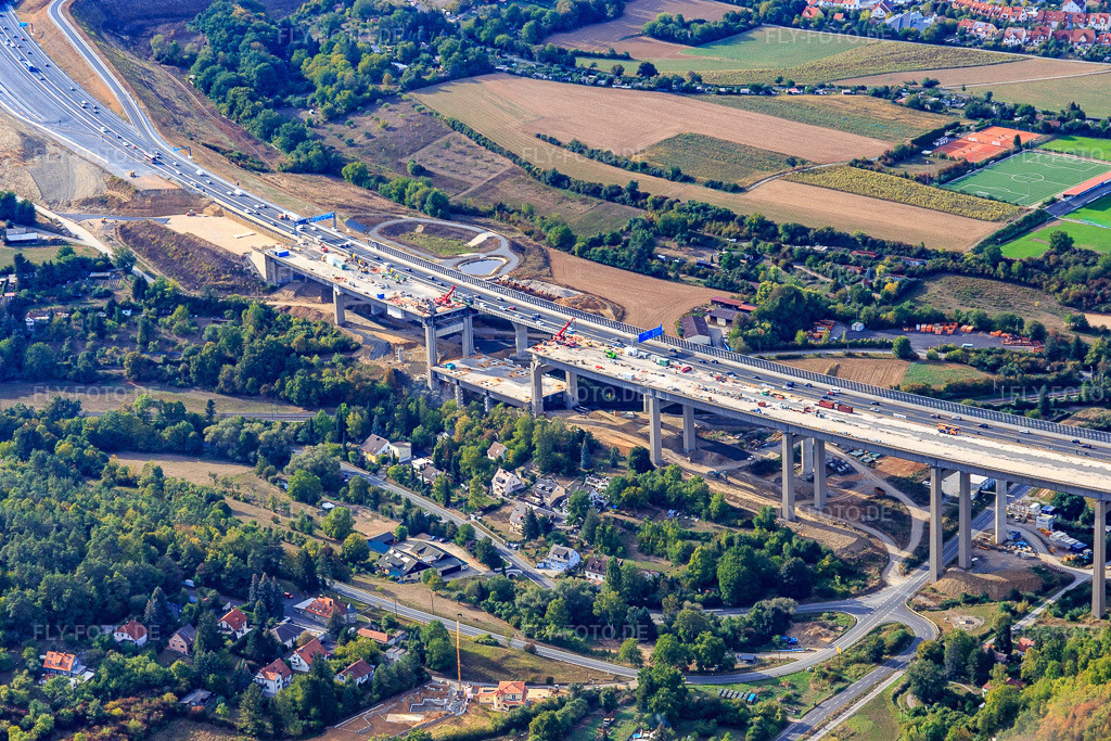 Luftbild: Baustelle an der A3 auf der Talbrücke Heidingsfeld im Ortsteil Heidingsfeld in Würzburg im Bundesland Bayern in Deutschland. Foto: IMG_111363.jpg vom 09.09.2018 durch Werner Riehm/FLY-FOTO.de