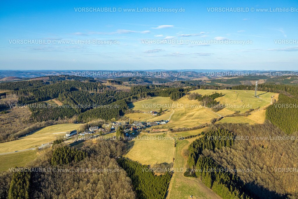 Sundern250309847WildeWiese | Luftbild, Ortsansicht und blauer Himmel mit Fernsicht, Aussichtsturm Schomberg Richtfunkturm, Wildewiese-Homert genannter Hauptkamm des Homertrückens, Waldgebiet mit Waldschäden, Skigebiet im Winter, Wildewiese, Sundern, Sauerland, Nordrhein-Westfalen, Deutschland