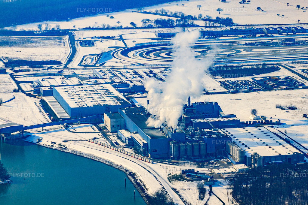 Luftbild: Industriegebiet Oberwald, Papierfabrik Palm im Winter bei Schnee in Wörth am Rhein im Bundesland Rheinland-Pfalz in Deutschland. Foto: IMG_24271.jpg vom 16.02.2010 durch Werner Riehm/FLY-FOTO.de