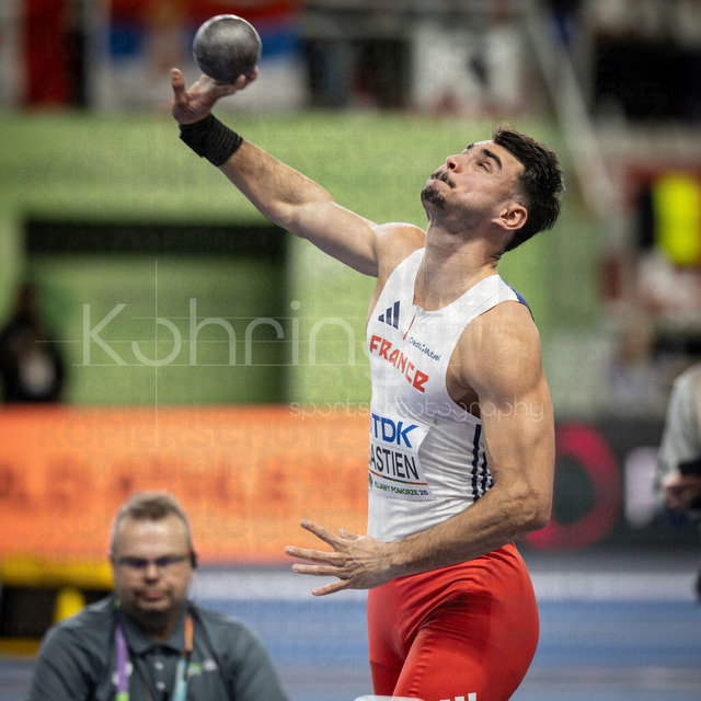 World Athletics Indoor Championships Kujawy Pomorze 26, 20.03.2026 | TORUN, POLAND - MARCH 20:  Teo BASTIEN (FRA) during his shot put’s first attempt of the heptathlon during the World Athletics Indoor Championships Kujawy Pomorze 26 on day 1 / session 1 at Kujawsko-Pomorska Arena Torun on March 20, 2026 in Torun, Poland. 