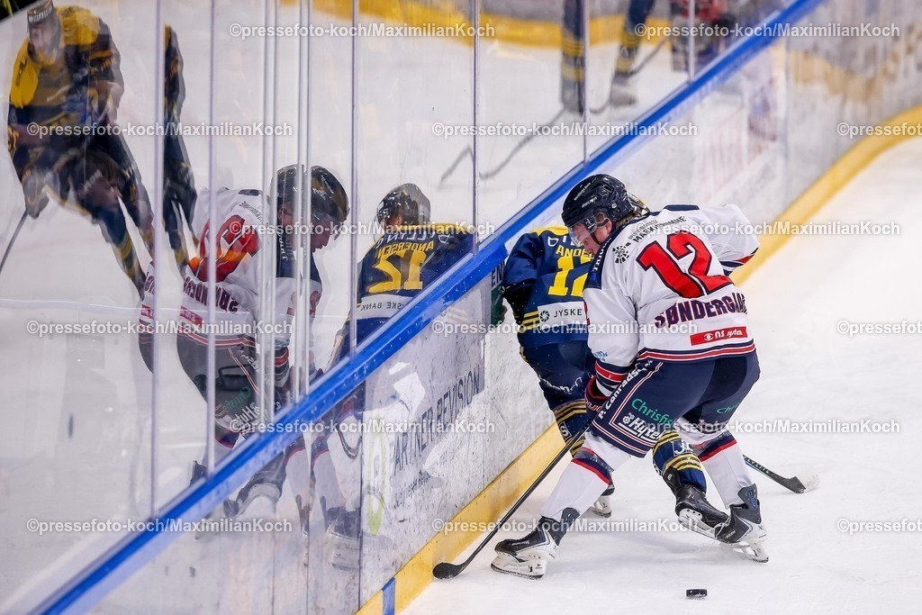 BFX27012601049 | 27.01.2026, Eishockey, Metal Ligaen Denmark, Herning Blue Fox - Frederikshavn White Hawks, KVIK Hockey Arena in Herning, Dänemark: Thomas Vilstrup Andersen&nbsp;(RW) (Blue Fox Herning #12) im Zweikampf gegen  Rasmus Sondergaard&nbsp;(D) (Frederikshavn White Hawks #12)