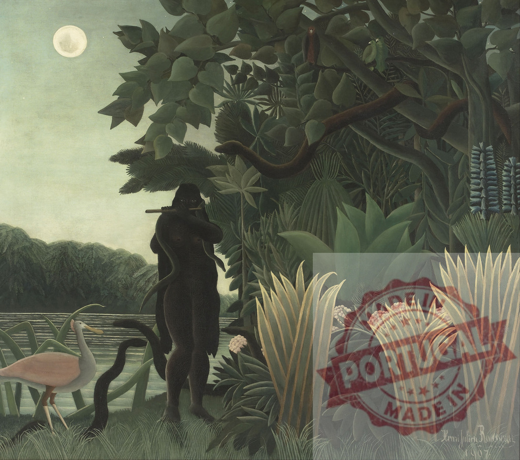Henri Rousseau's The Snake Charmer playing flute in jungle. Henri Rousseau | Naked female snake charmer playing flute in a moonlit, lush jungle scene with wildlife - Realisiert mit Pictrs.com